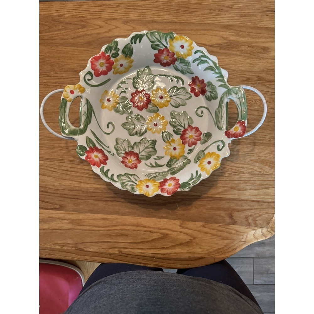 TEMPTATIONS BY TARA  RAISED FLORAL BAKING  DISH WITH WIRE AND RATTAN HOLDER 12"